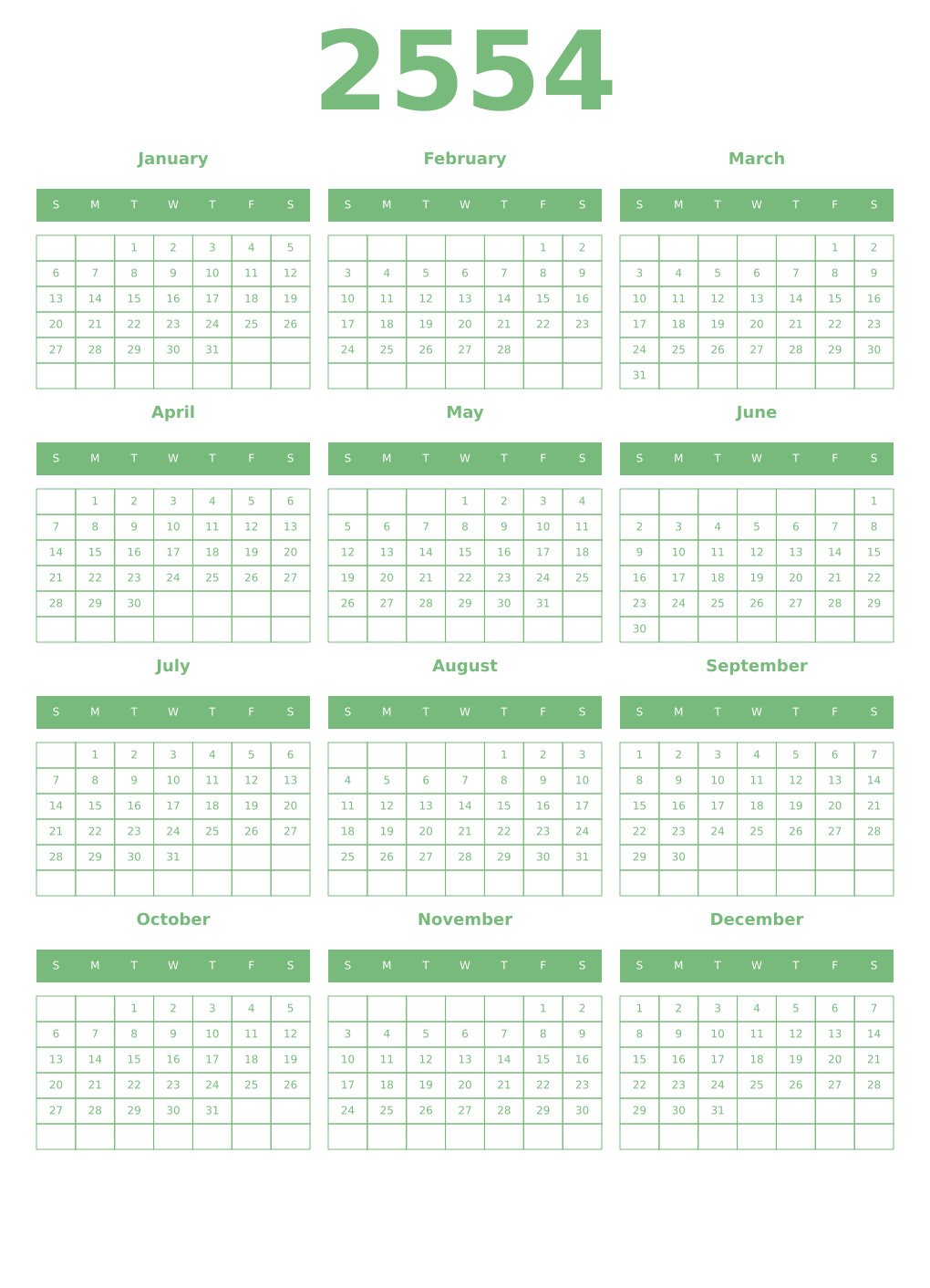 Printable 2554 Year Calendars celadon