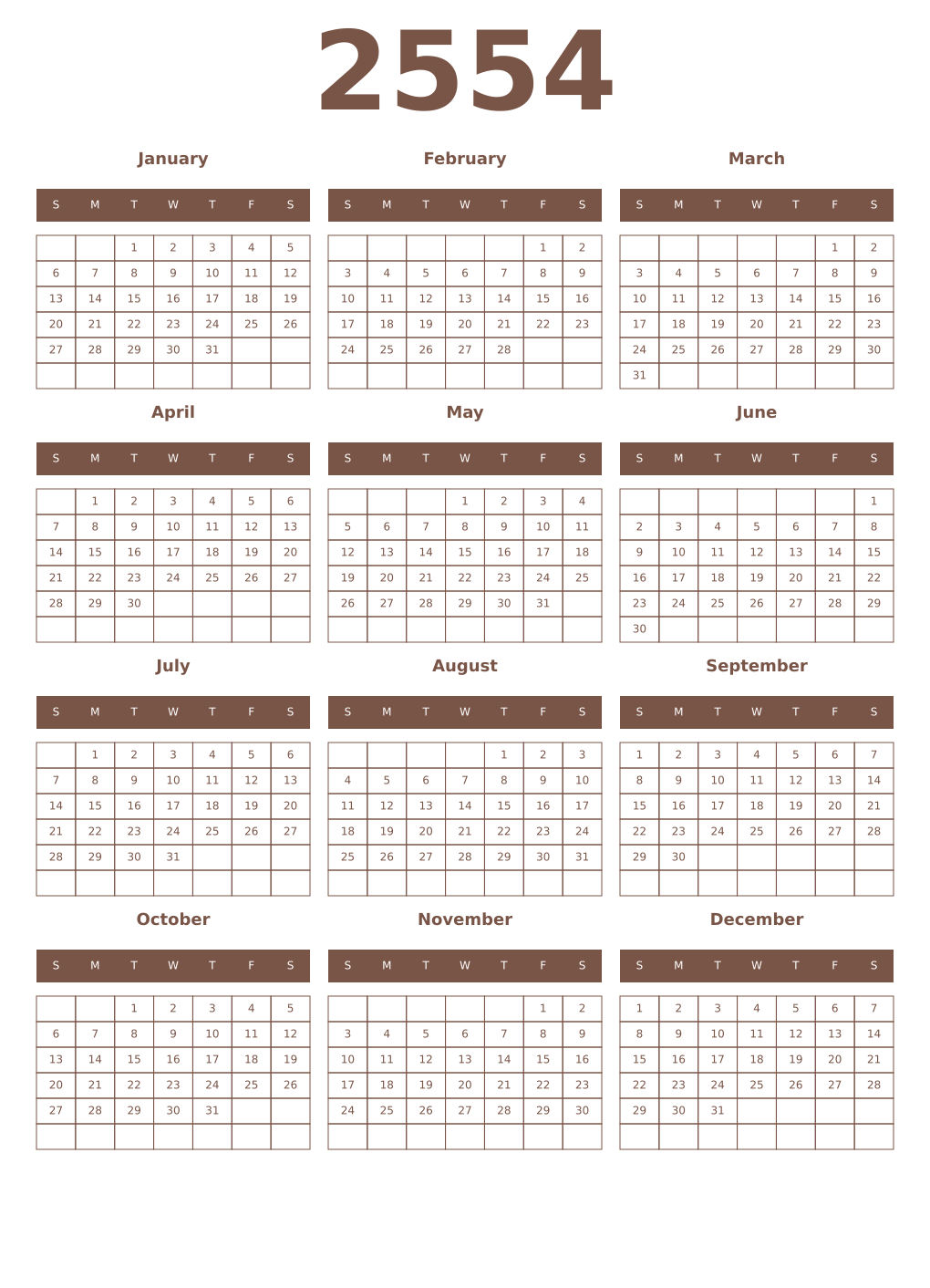 Printable 2554 Year Calendars coffe