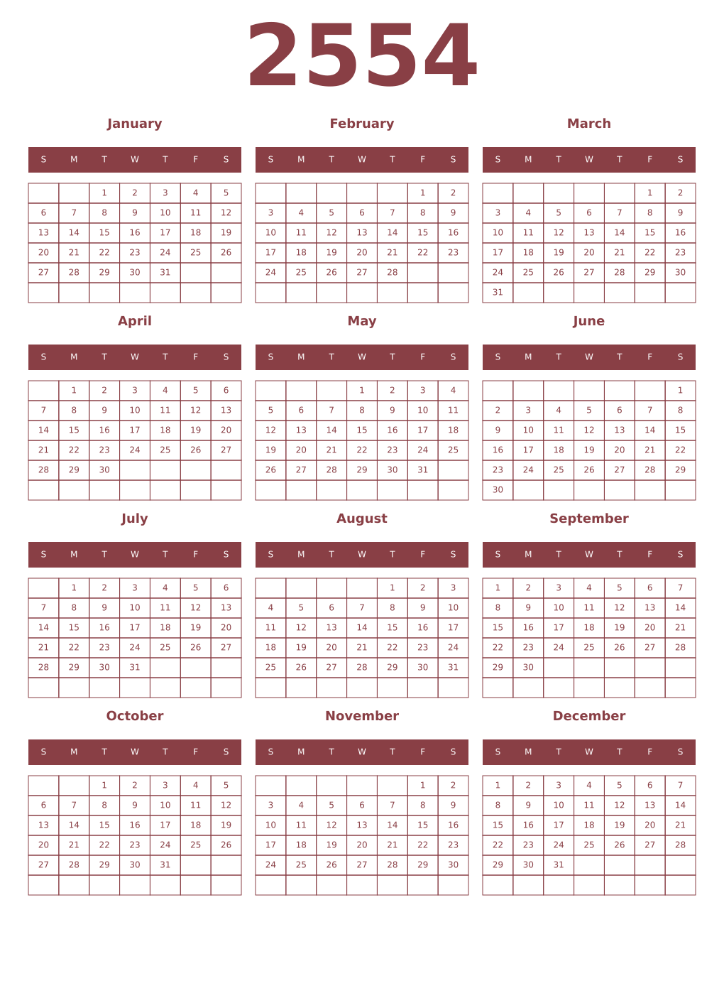 Printable 2554 Year Calendars cordovan