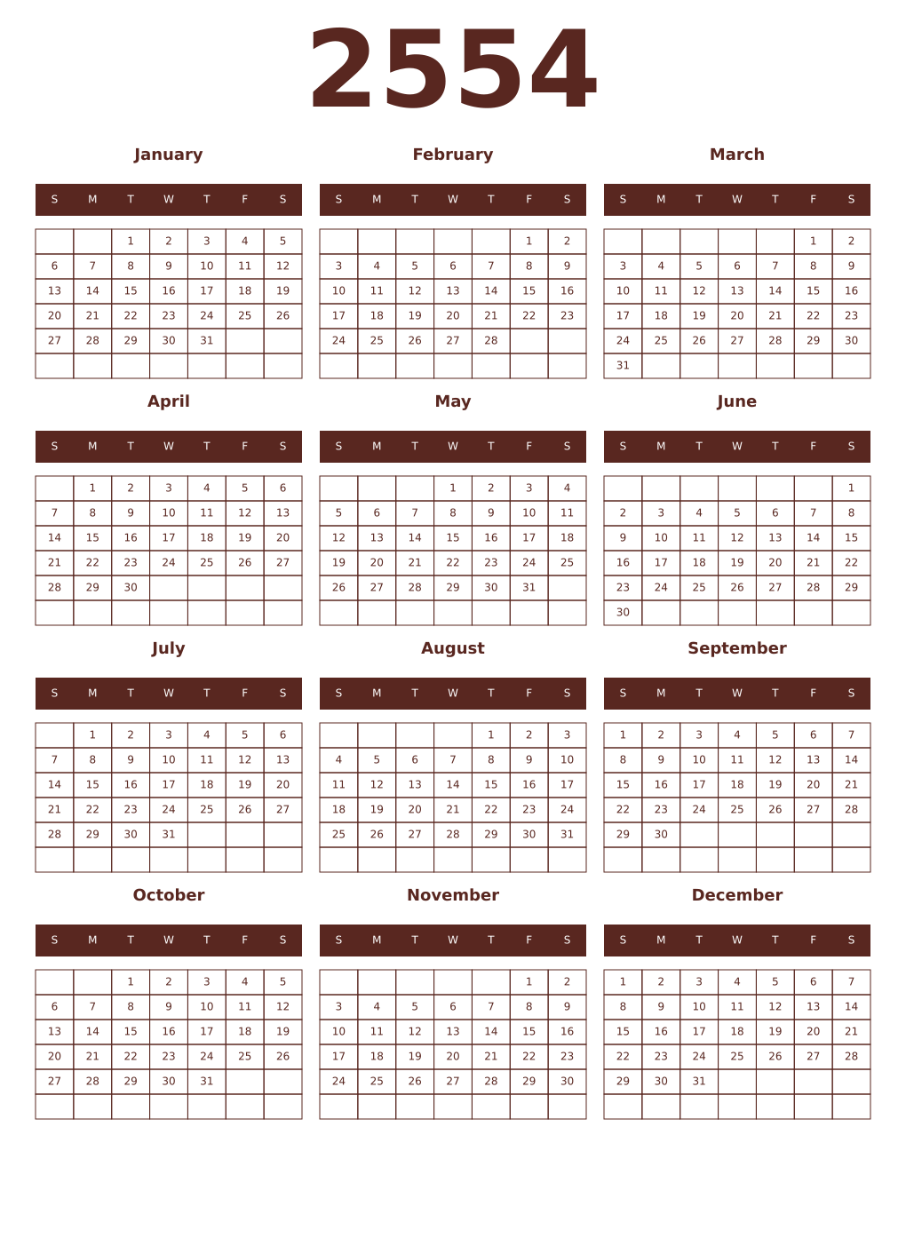 Printable 2554 Year Calendars mortuum