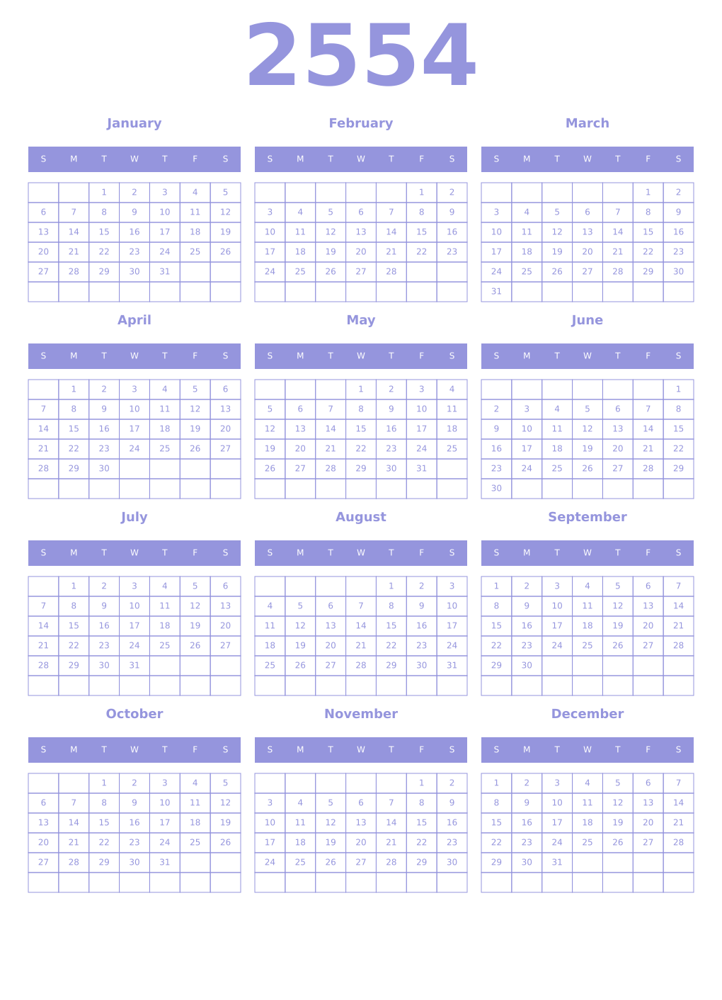 Printable 2554 Year Calendars periwinkle