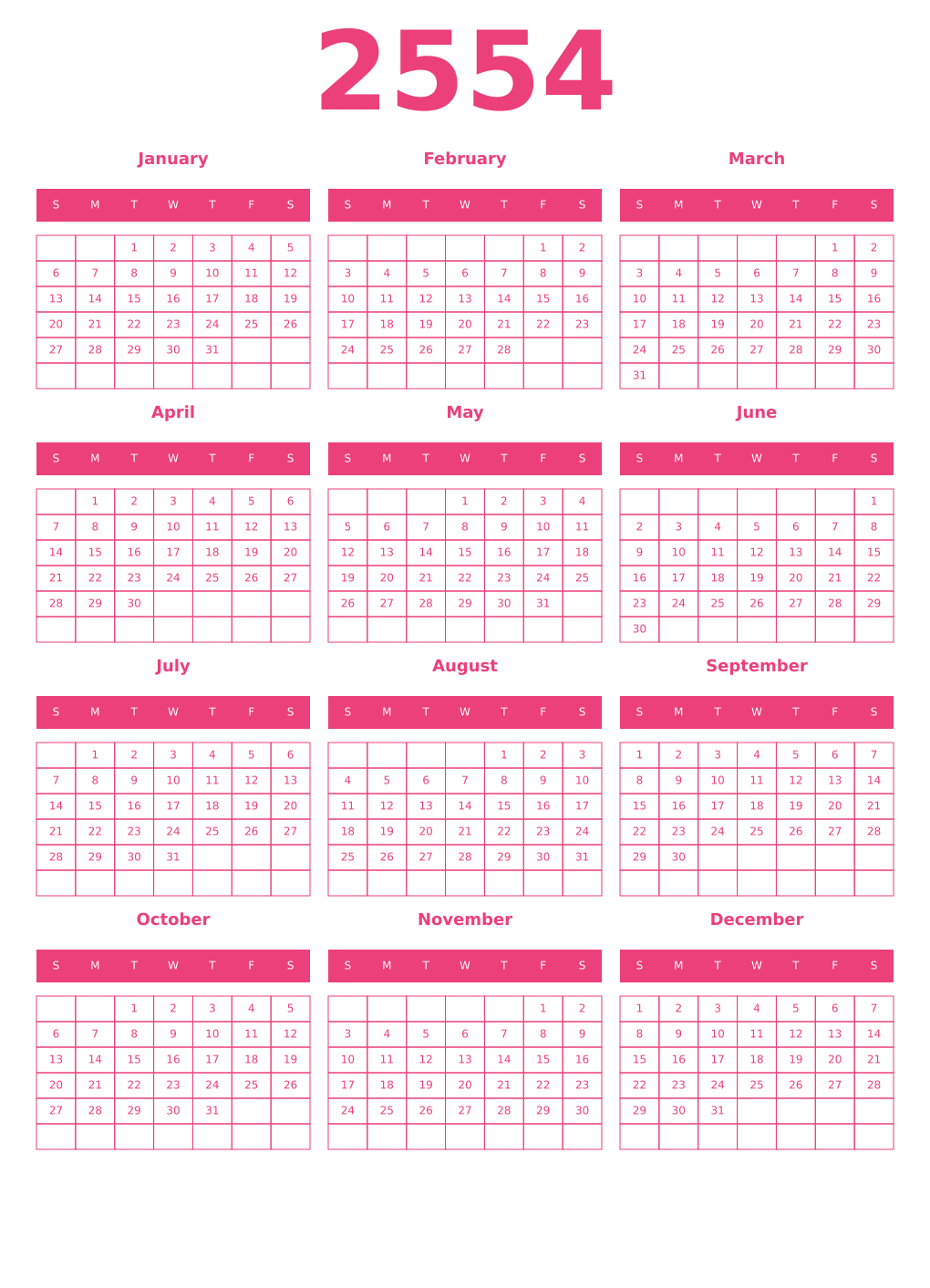 Printable 2554 Year Calendars pink