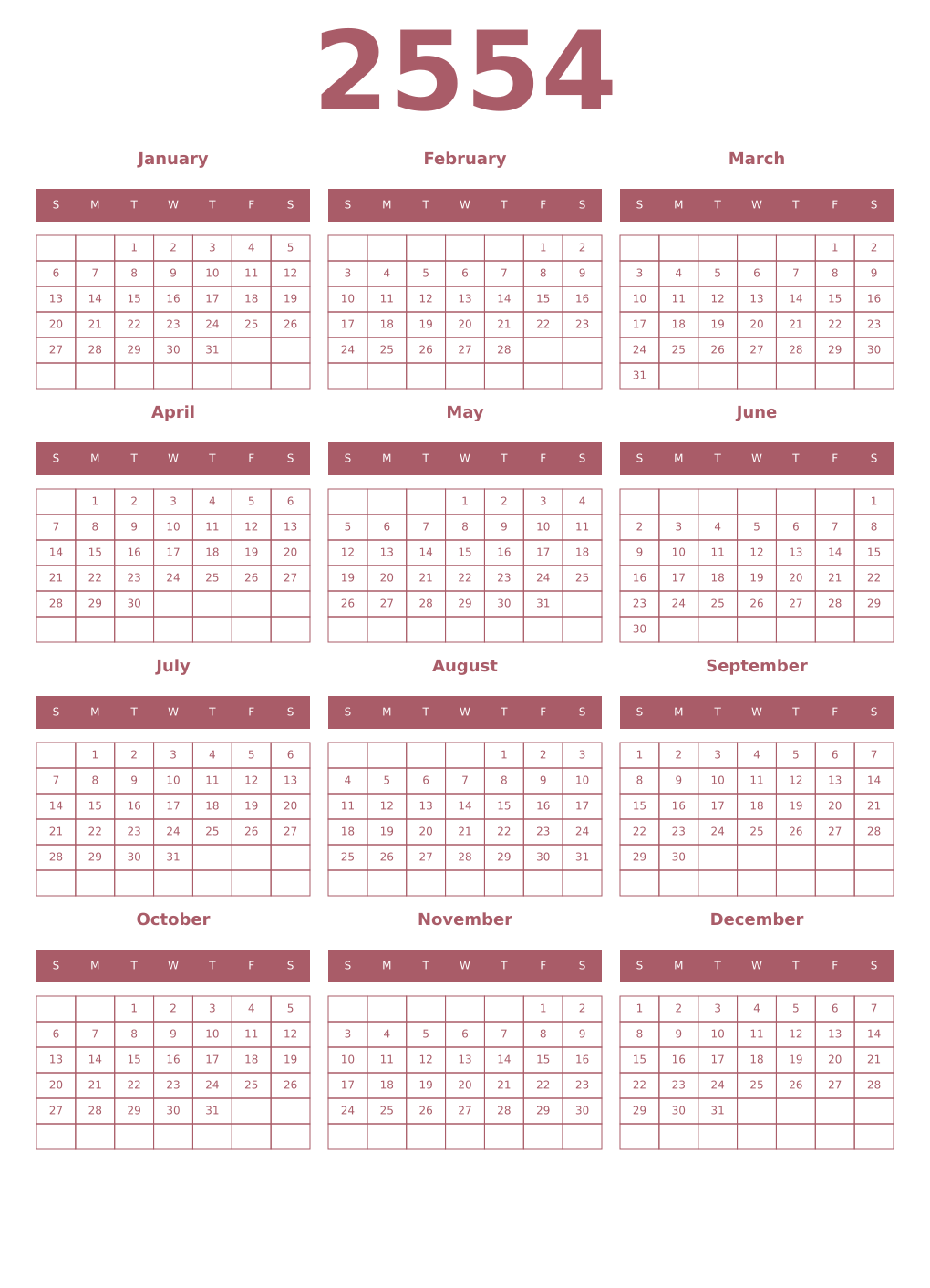 Printable 2554 Year Calendars puce