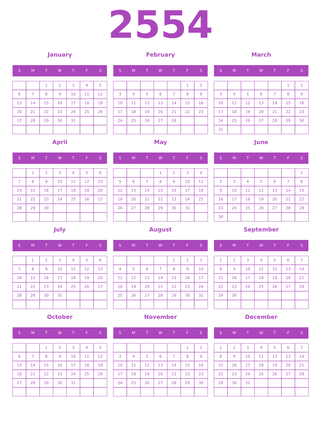 Printable 2554 Year Calendars purple