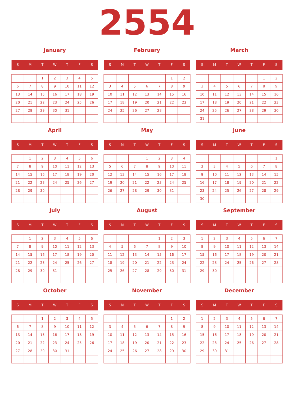Printable 2554 Year Calendars red
