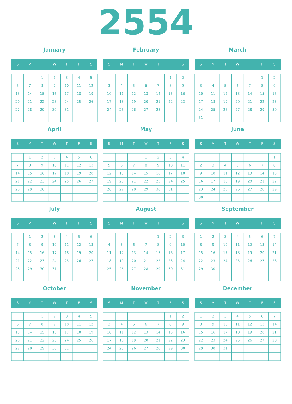 Printable 2554 Year Calendars verdigris