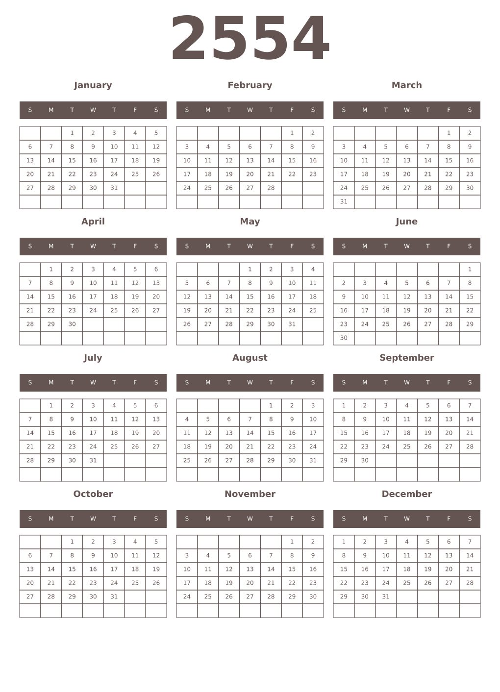 Printable 2554 Year Calendars wenge