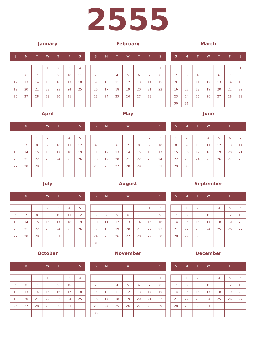 Printable 2555 Year Calendars cordovan
