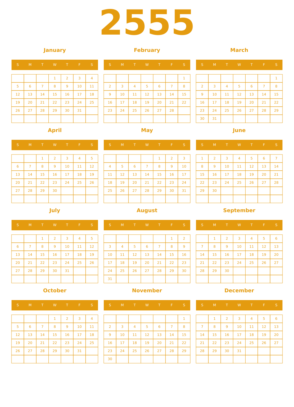 Printable 2555 Year Calendars gamboge