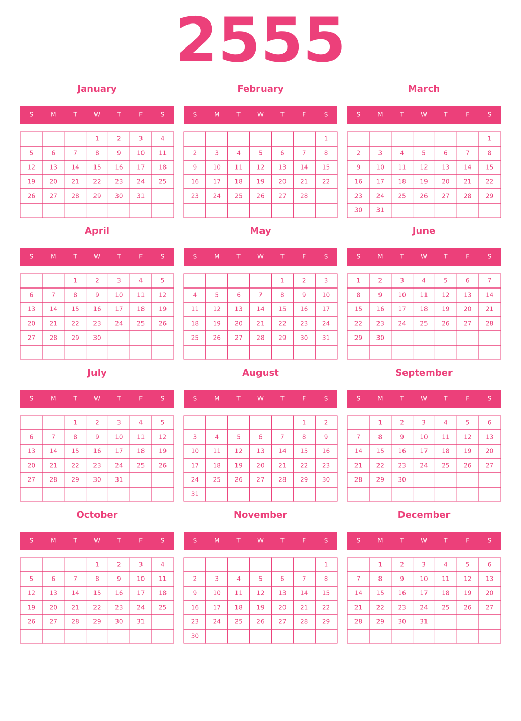 Printable 2555 Year Calendars pink