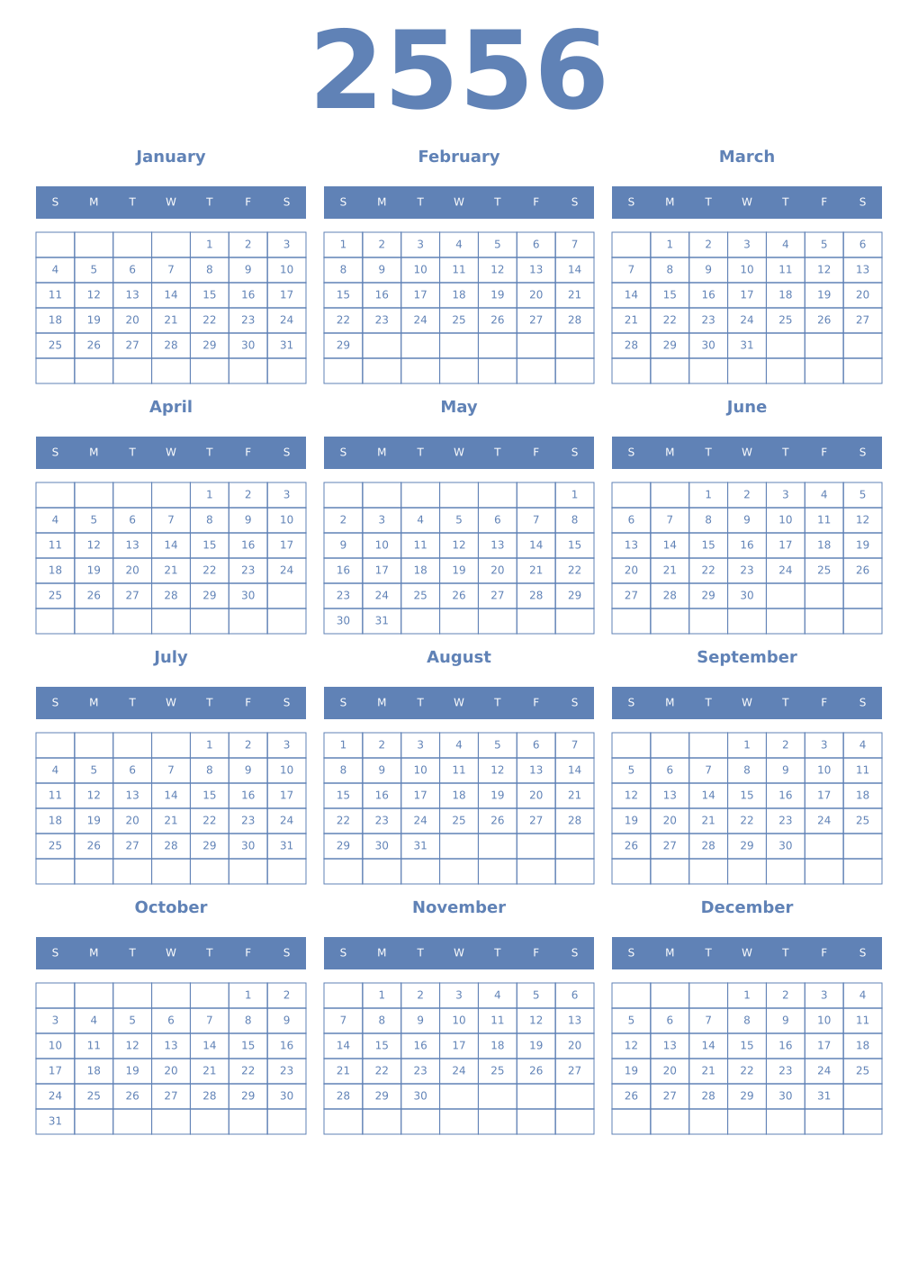 Printable 2556 Year Calendars glaucous