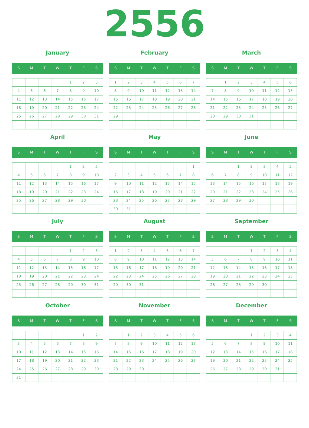 Printable 2556 Year Calendars green