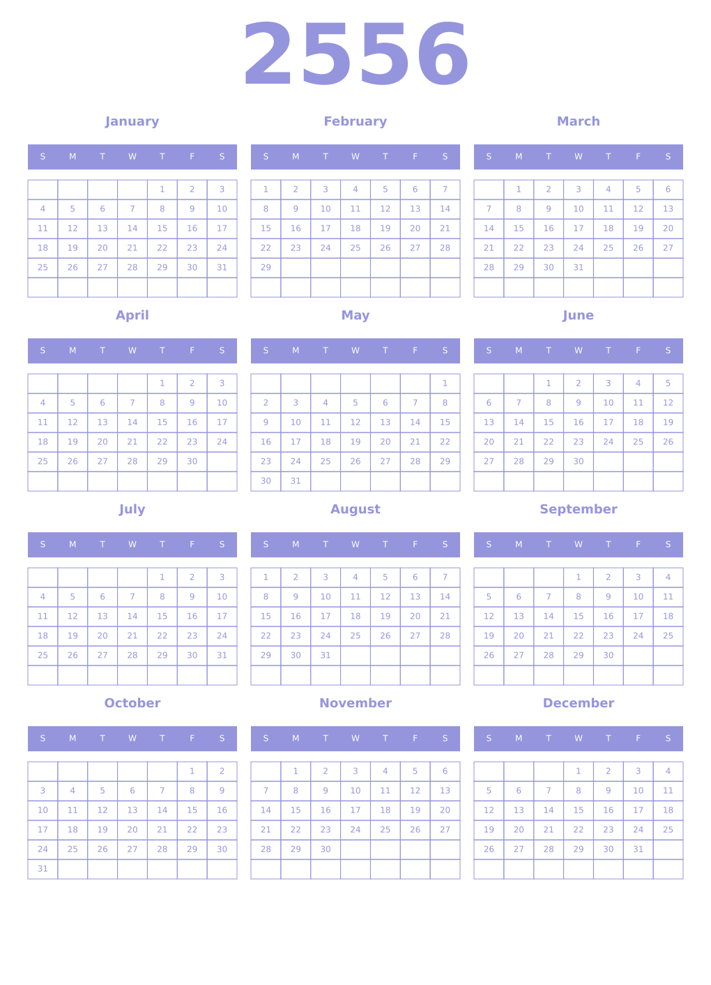 Printable 2556 Year Calendars periwinkle