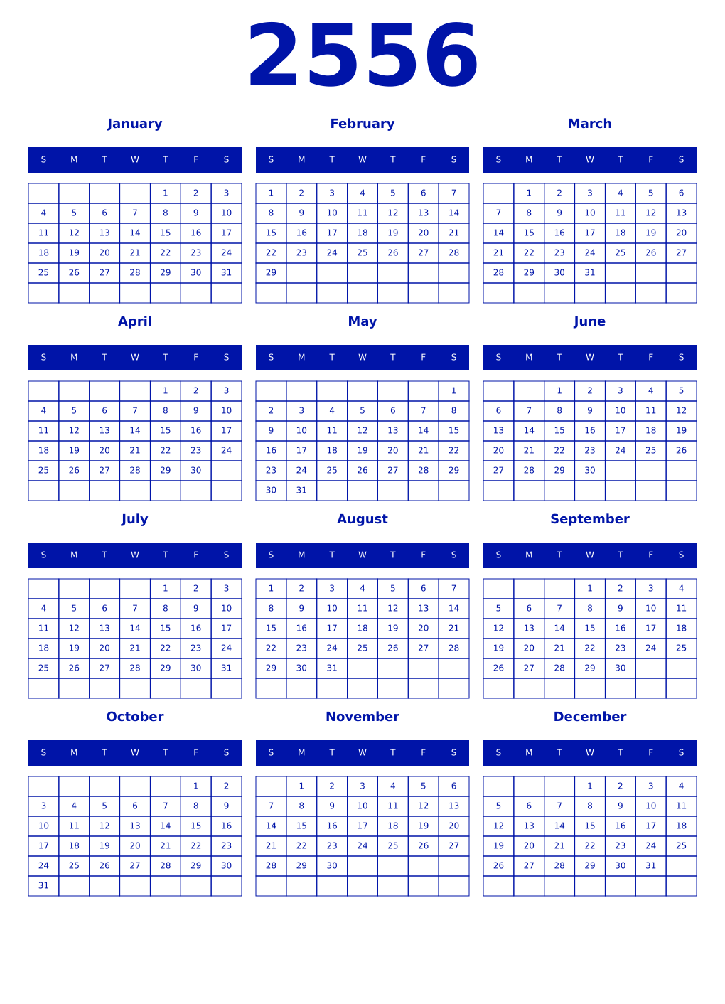 Printable 2556 Year Calendars zaffre