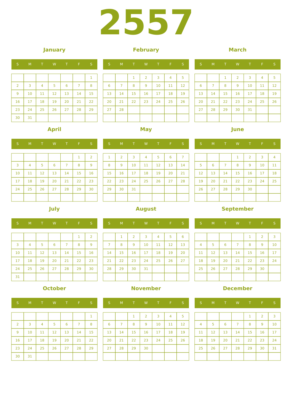 Printable 2557 Year Calendars chartreuse