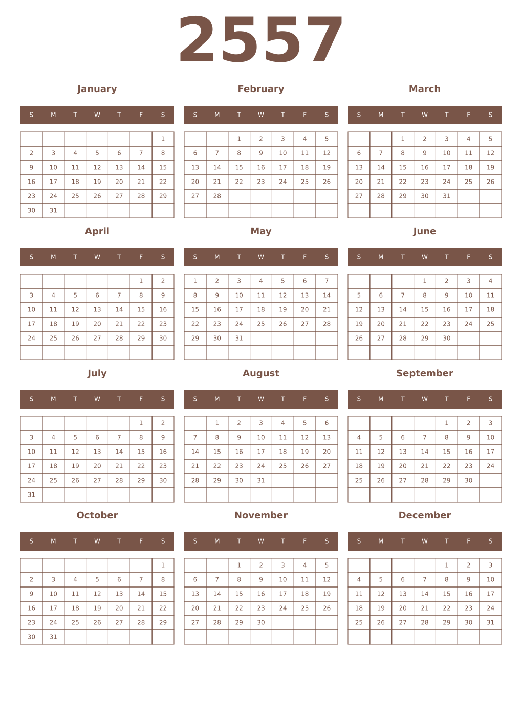 Printable 2557 Year Calendars coffe