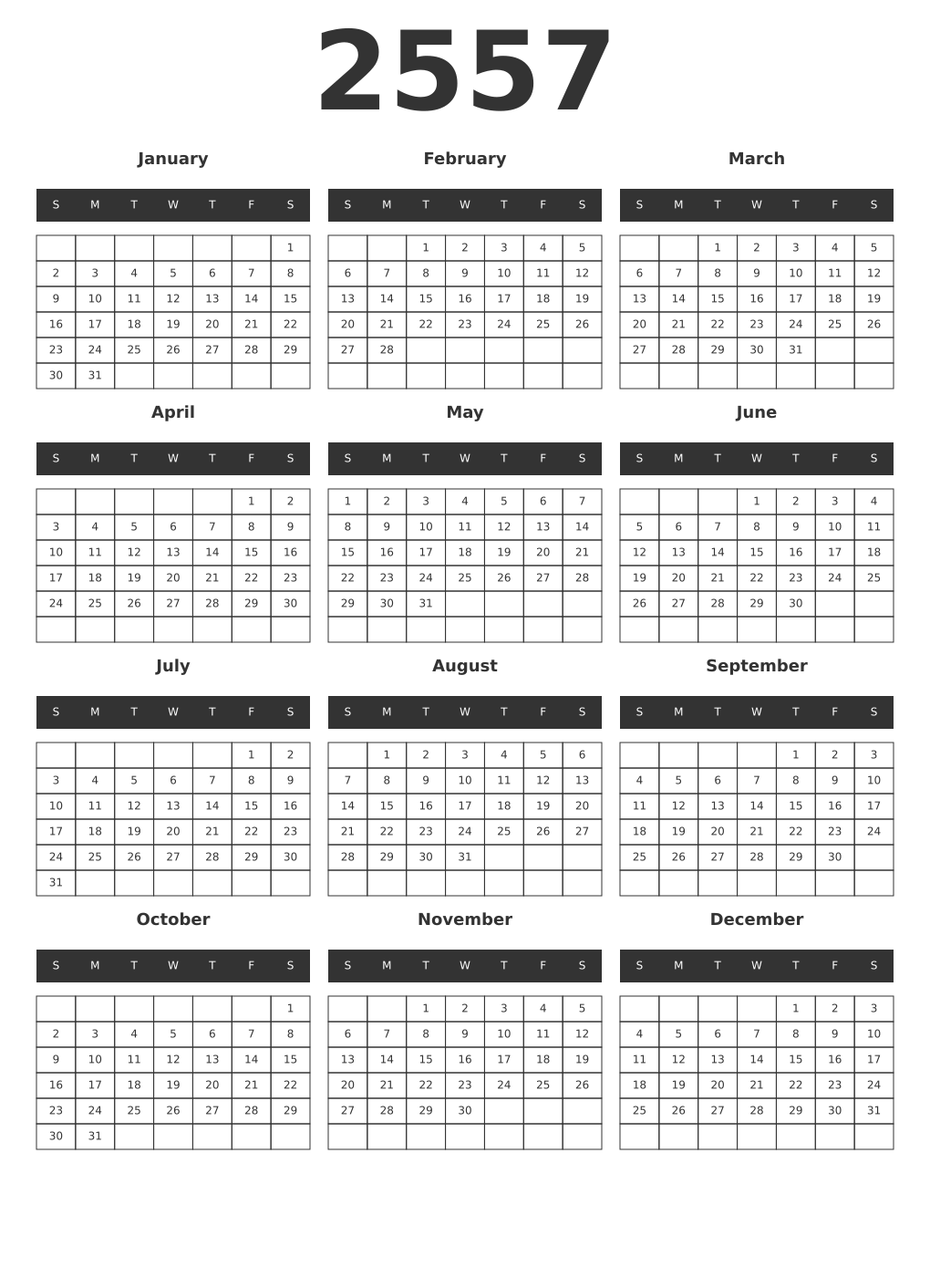 Printable 2557 Year Calendars dark