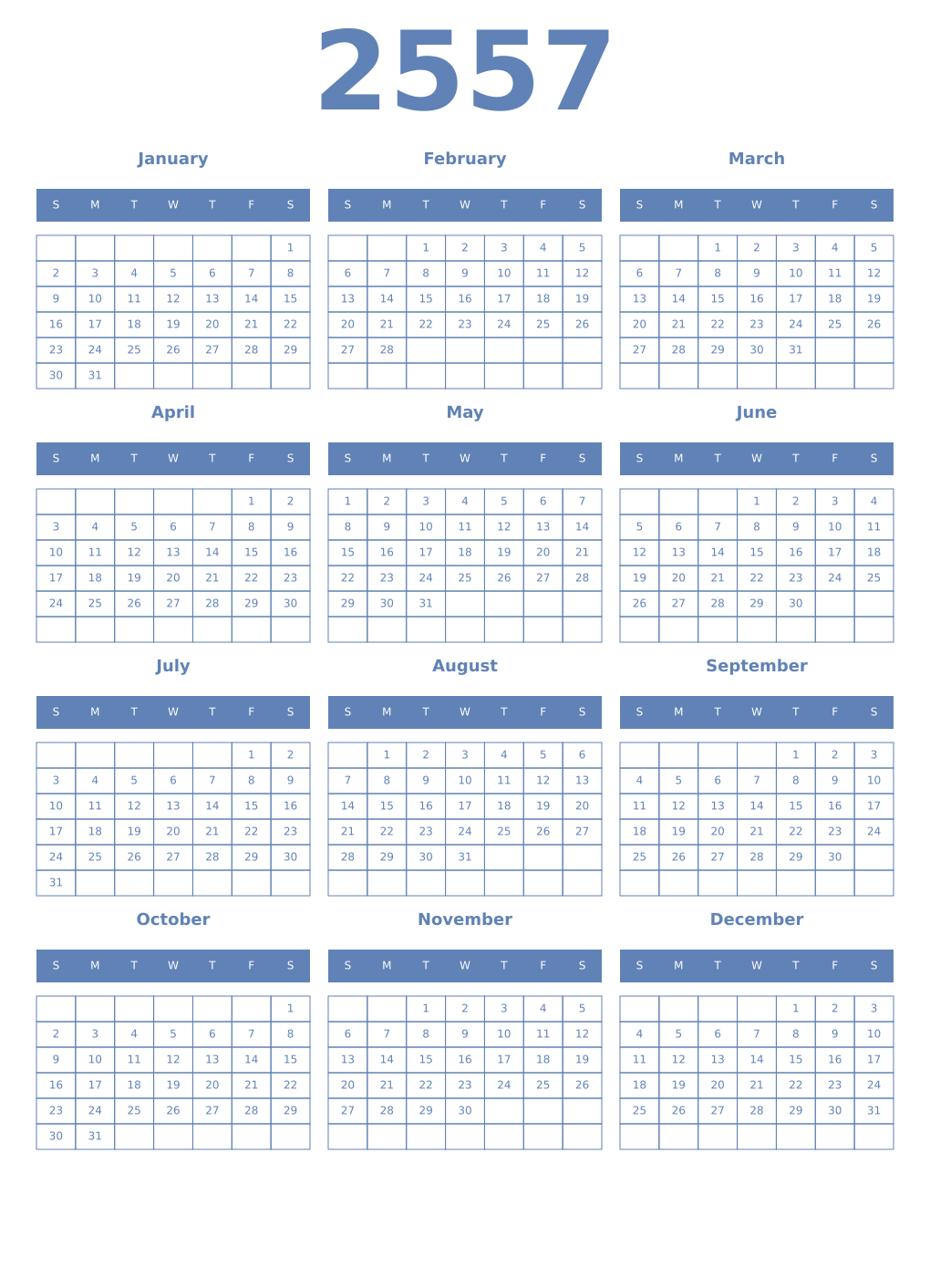 Printable 2557 Year Calendars glaucous