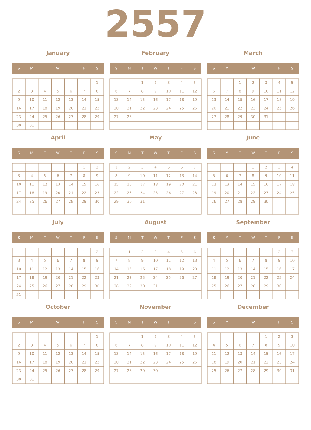 Printable 2557 Year Calendars isabelline