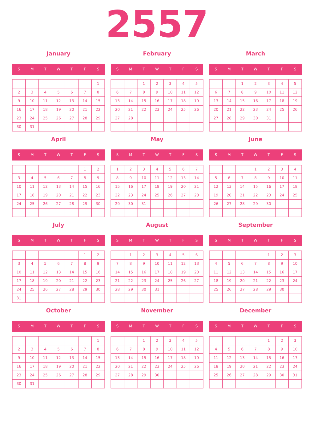 Printable 2557 Year Calendars pink
