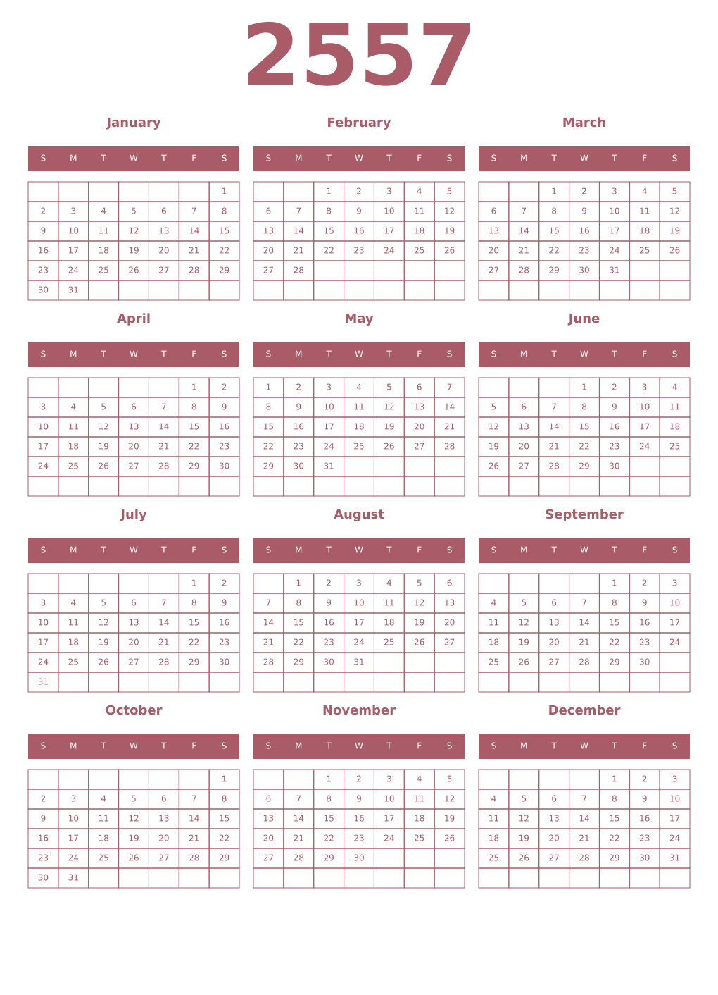 Printable 2557 Year Calendars puce