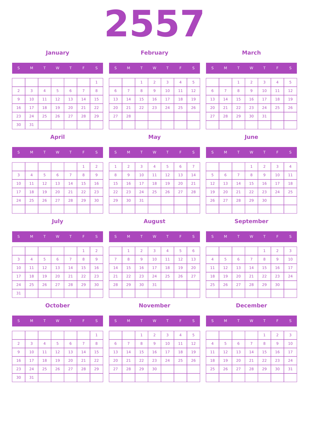 Printable 2557 Year Calendars purple