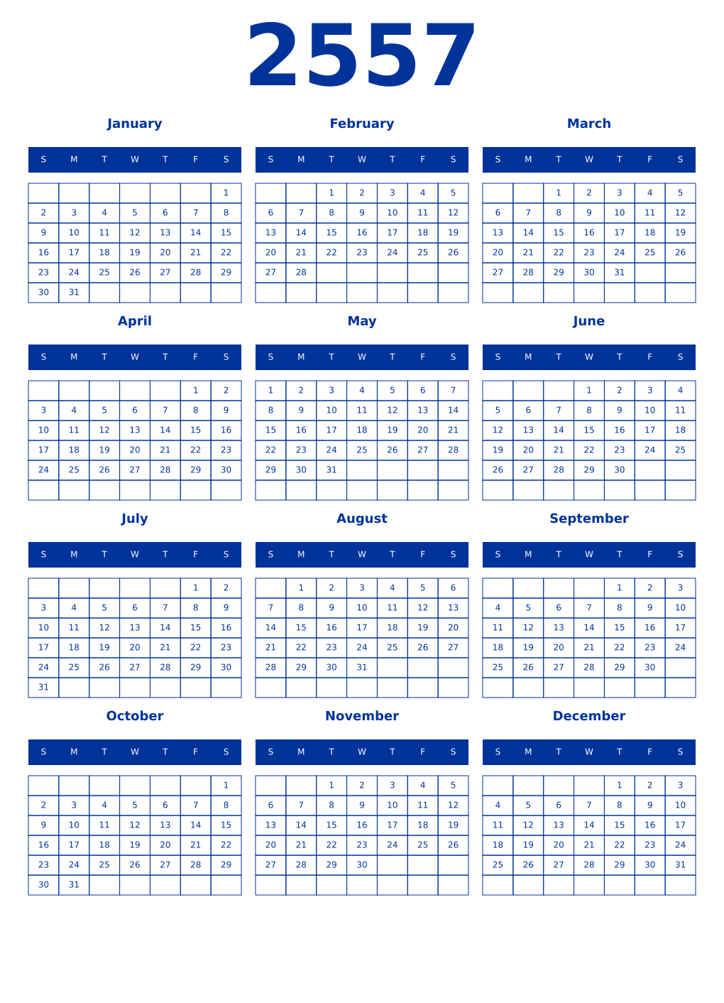 Printable 2557 Year Calendars smalt