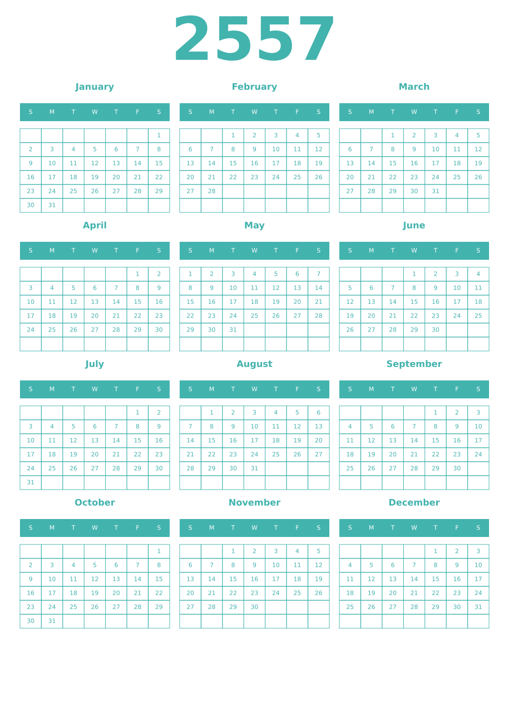 Printable 2557 Year Calendars verdigris