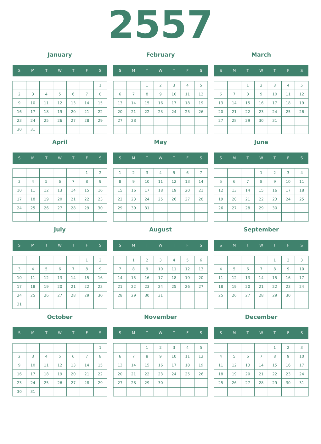 Printable 2557 Year Calendars viridian