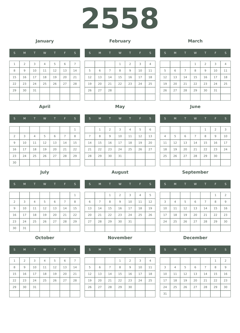 Printable 2558 Year Calendars feldgrau