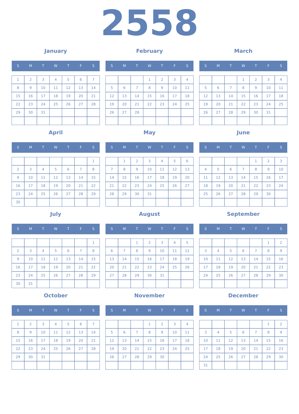 Printable 2558 Year Calendars glaucous
