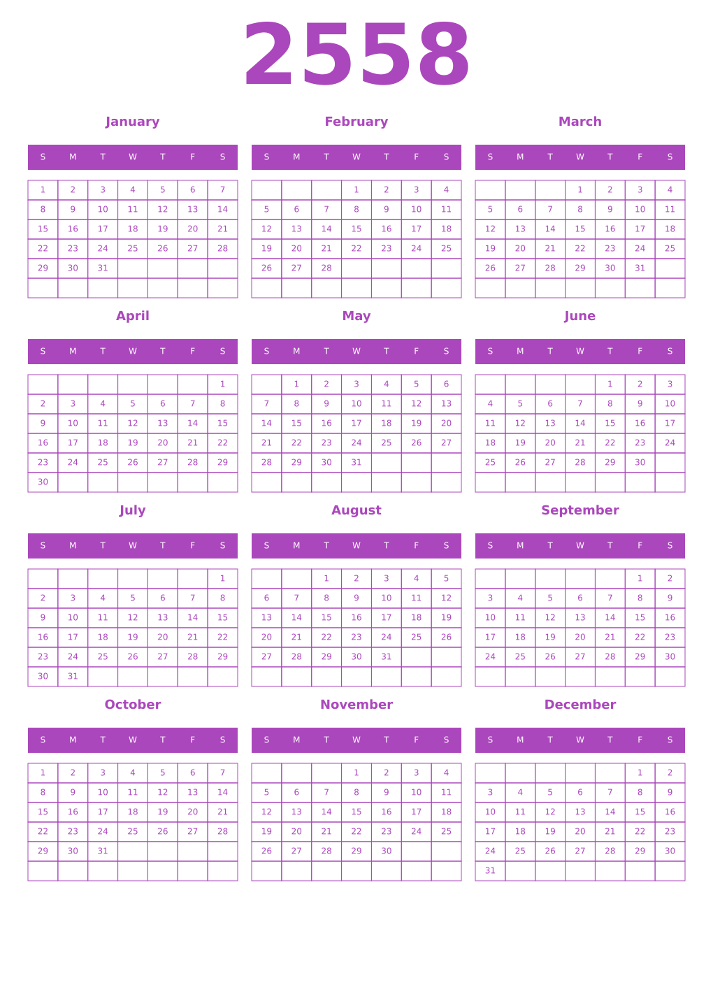 Printable 2558 Year Calendars purple