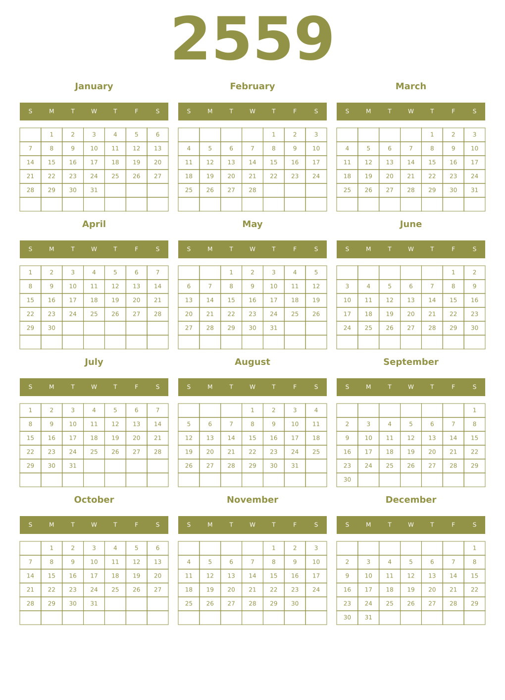 Printable 2559 Year Calendars eburnean
