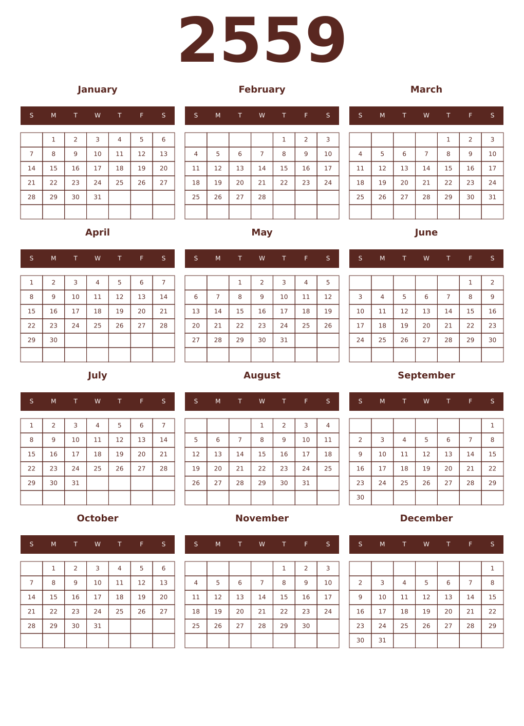 Printable 2559 Year Calendars mortuum