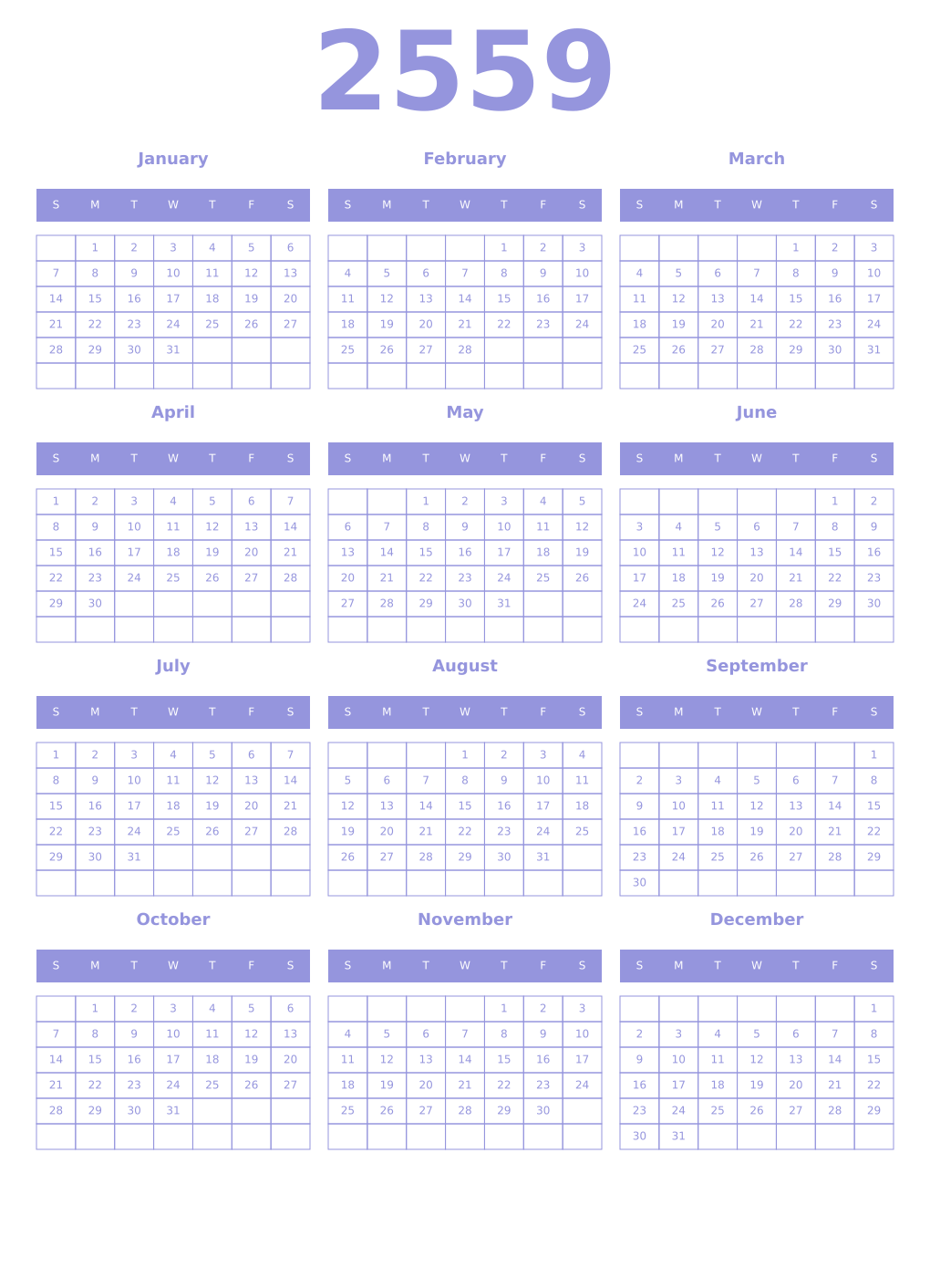 Printable 2559 Year Calendars periwinkle
