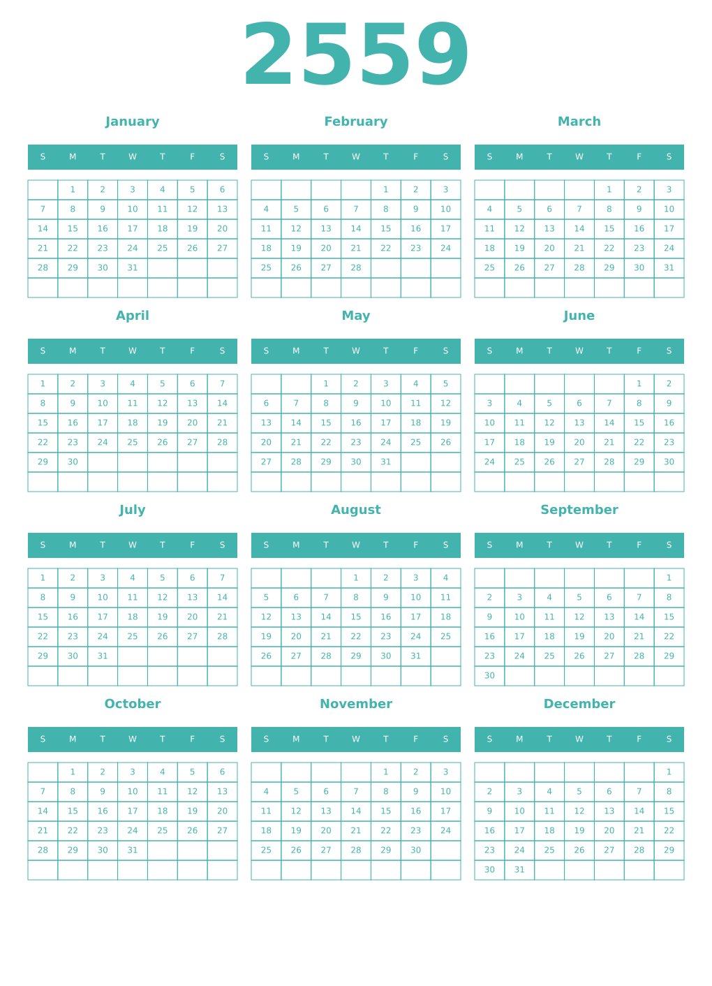 Printable 2559 Year Calendars verdigris