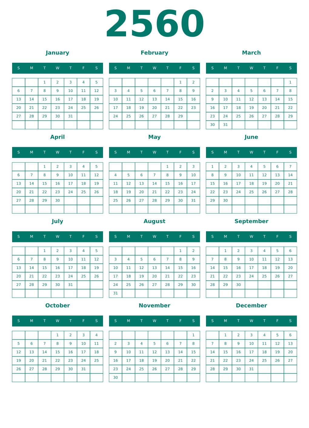 Printable 2560 Year Calendars pastel