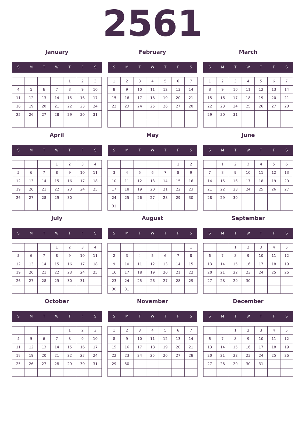 Printable 2561 Year Calendars aubergine