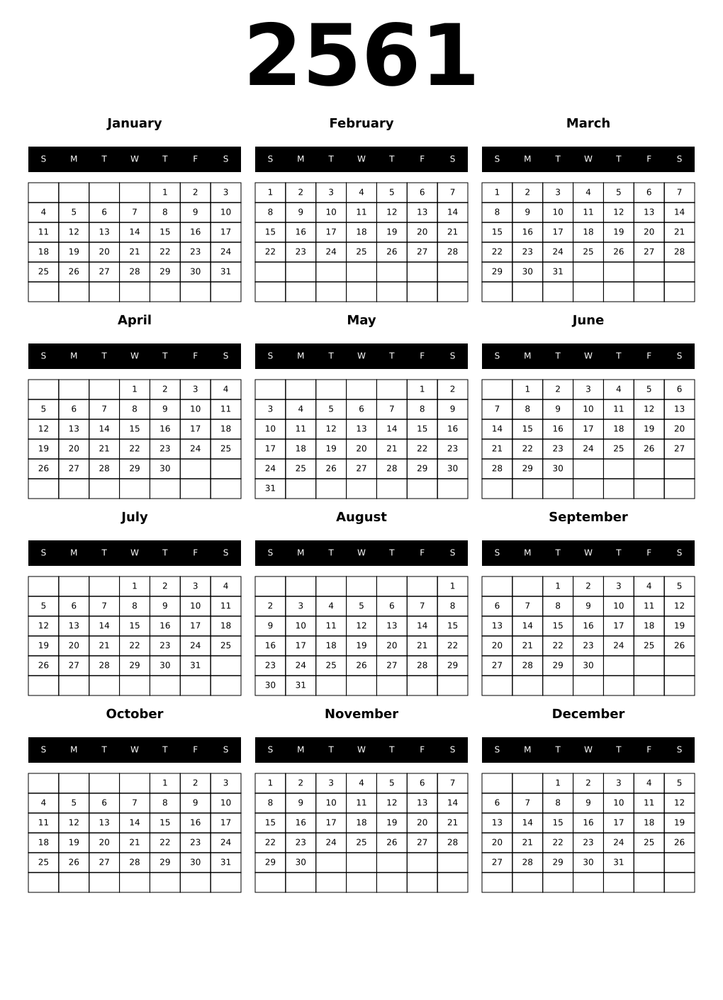 Printable 2561 Year Calendars black