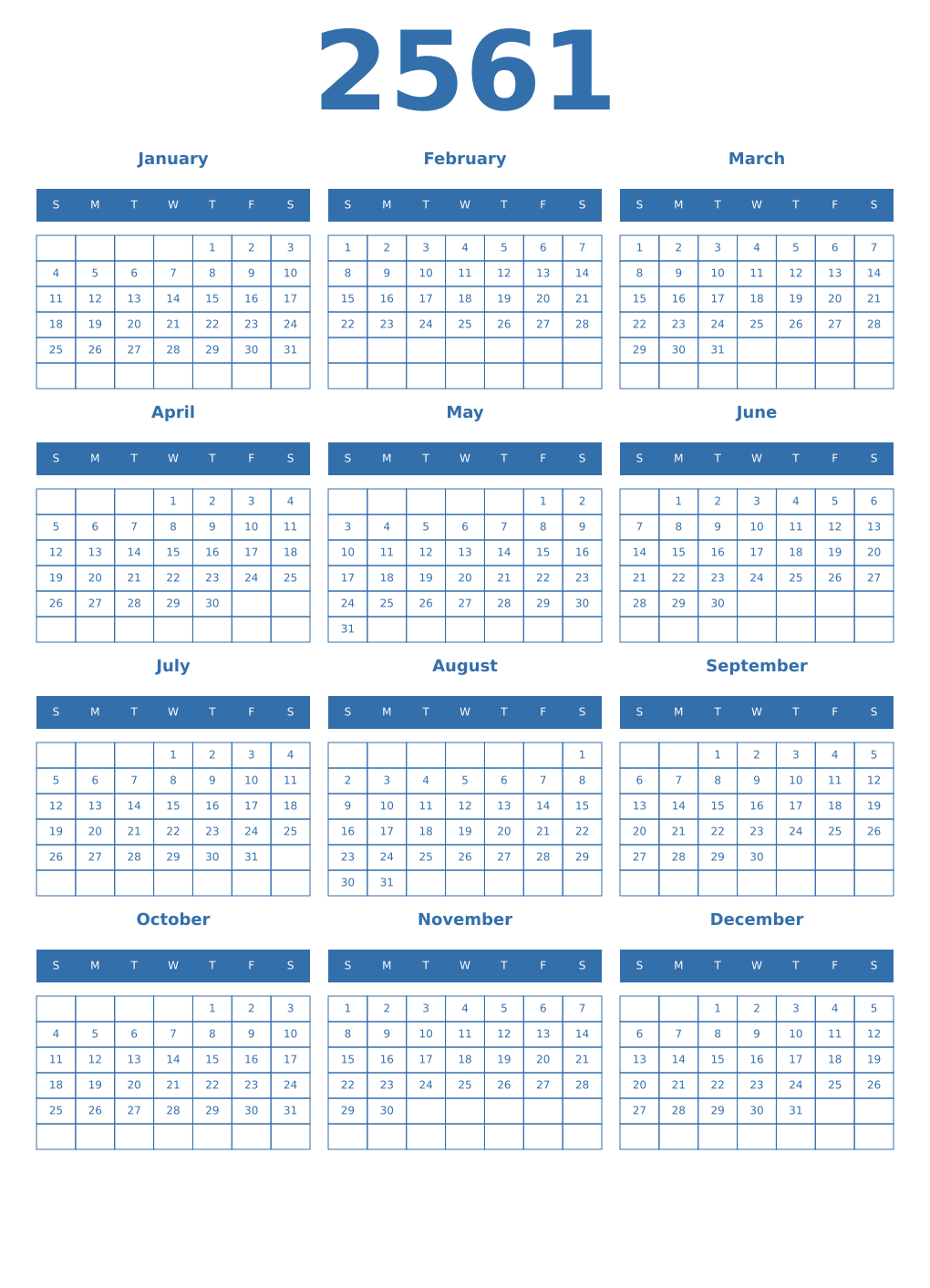 Printable 2561 Year Calendars blue