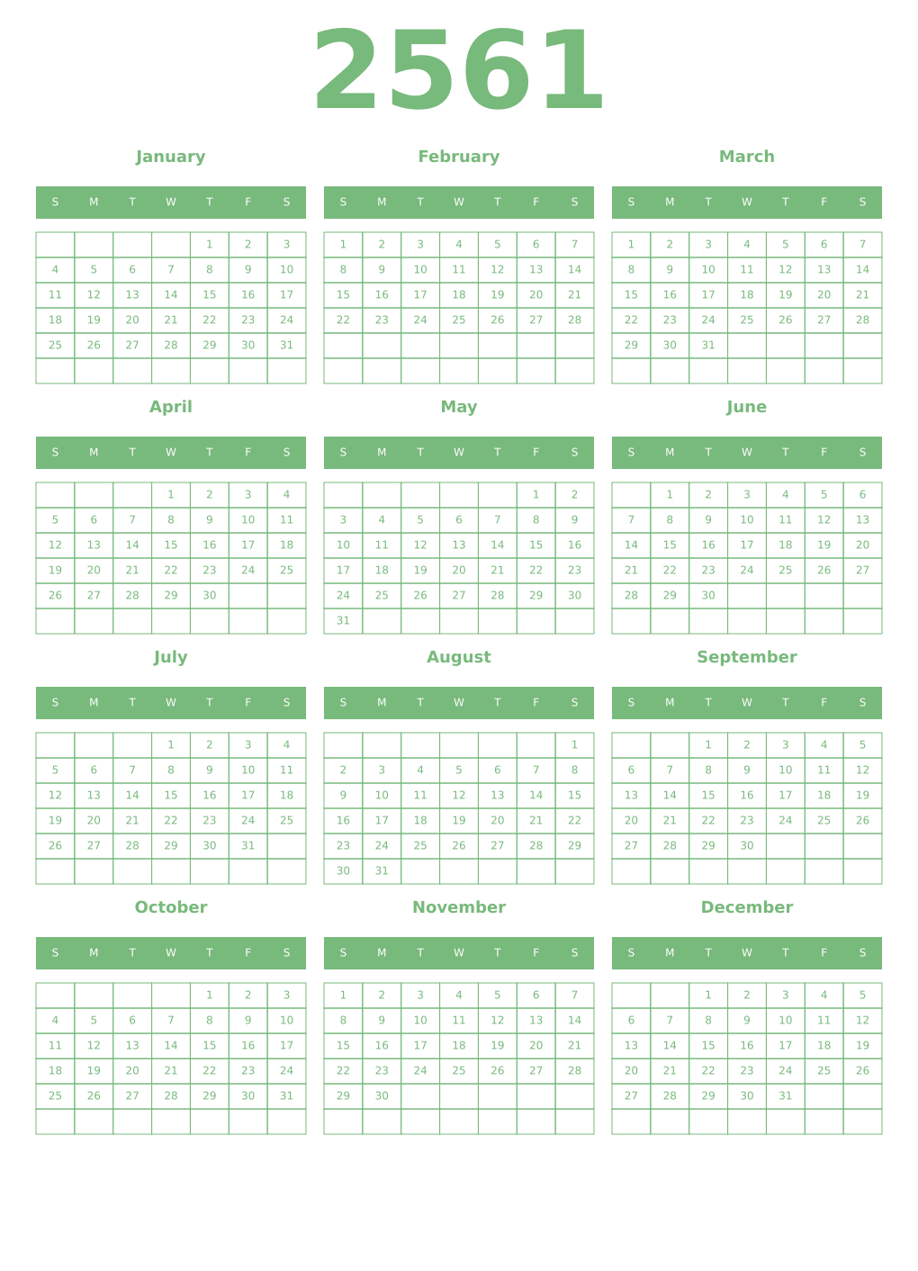 Printable 2561 Year Calendars celadon