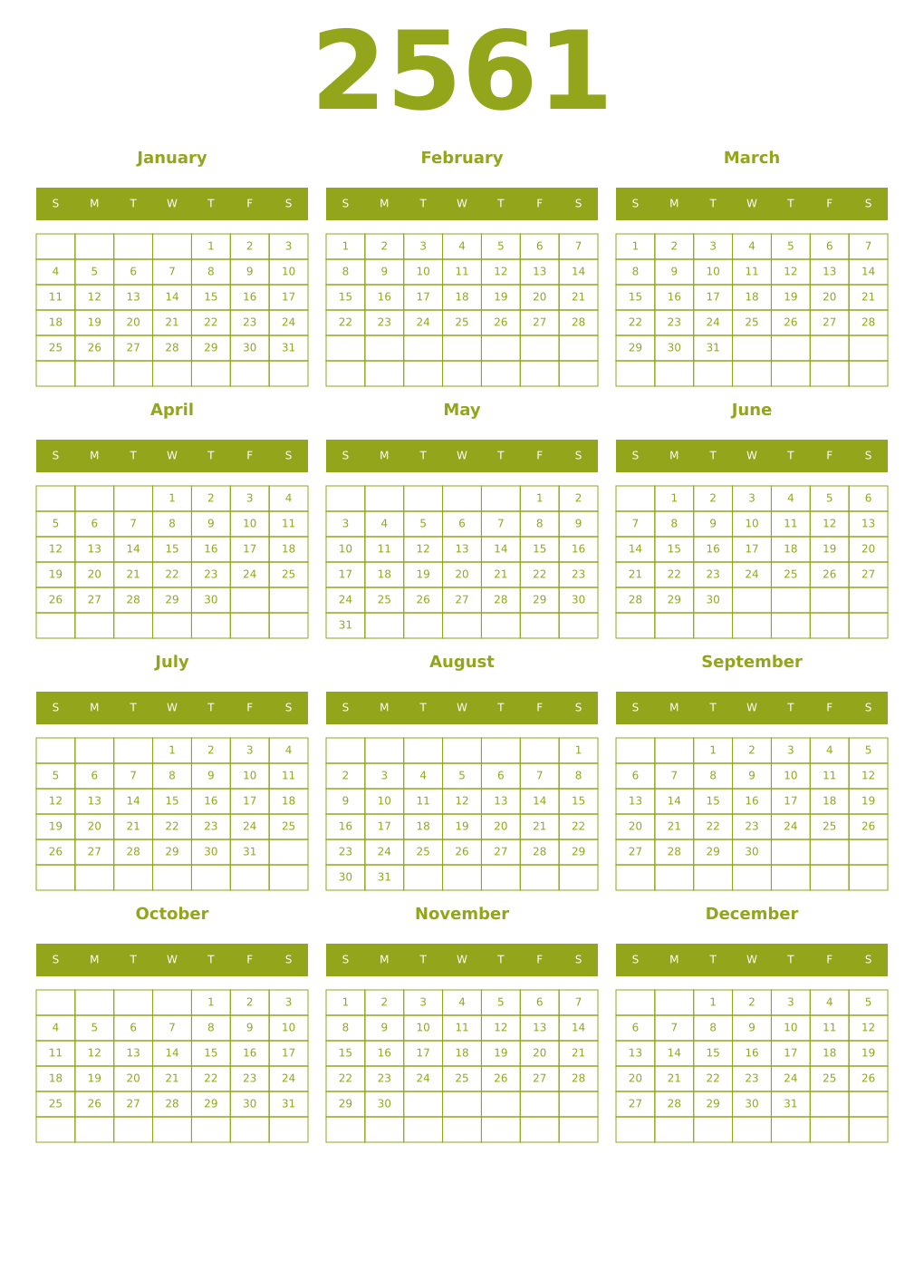Printable 2561 Year Calendars chartreuse