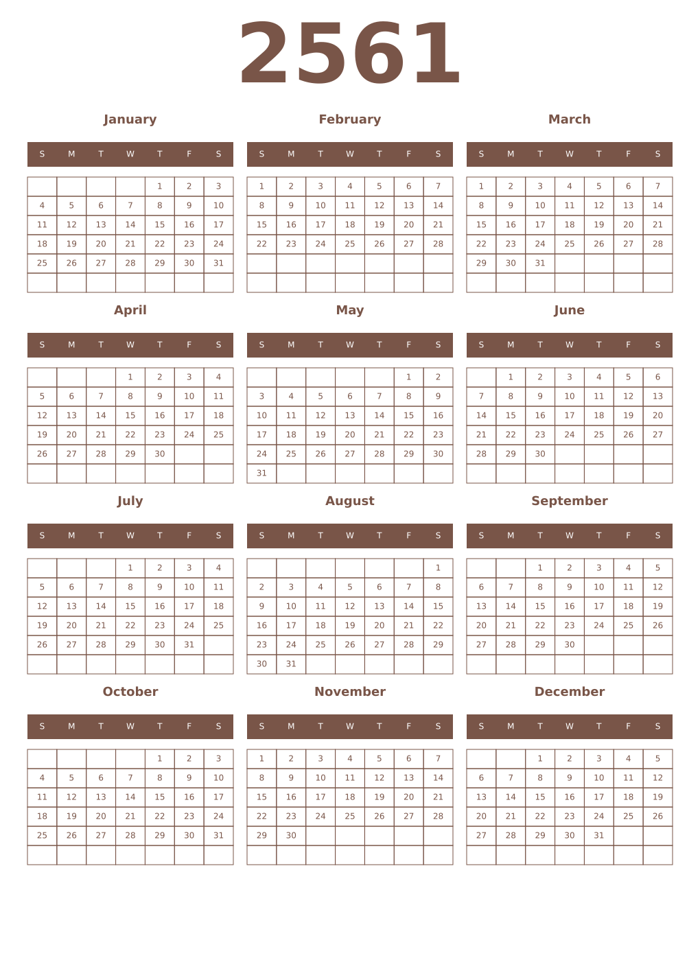 Printable 2561 Year Calendars coffe