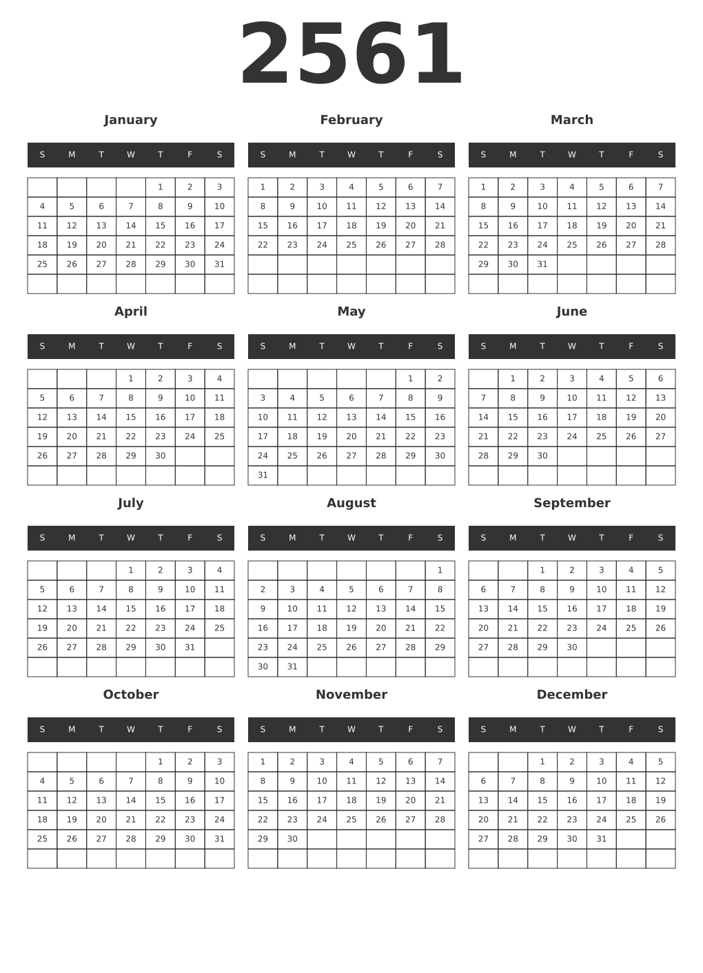 Printable 2561 Year Calendars dark