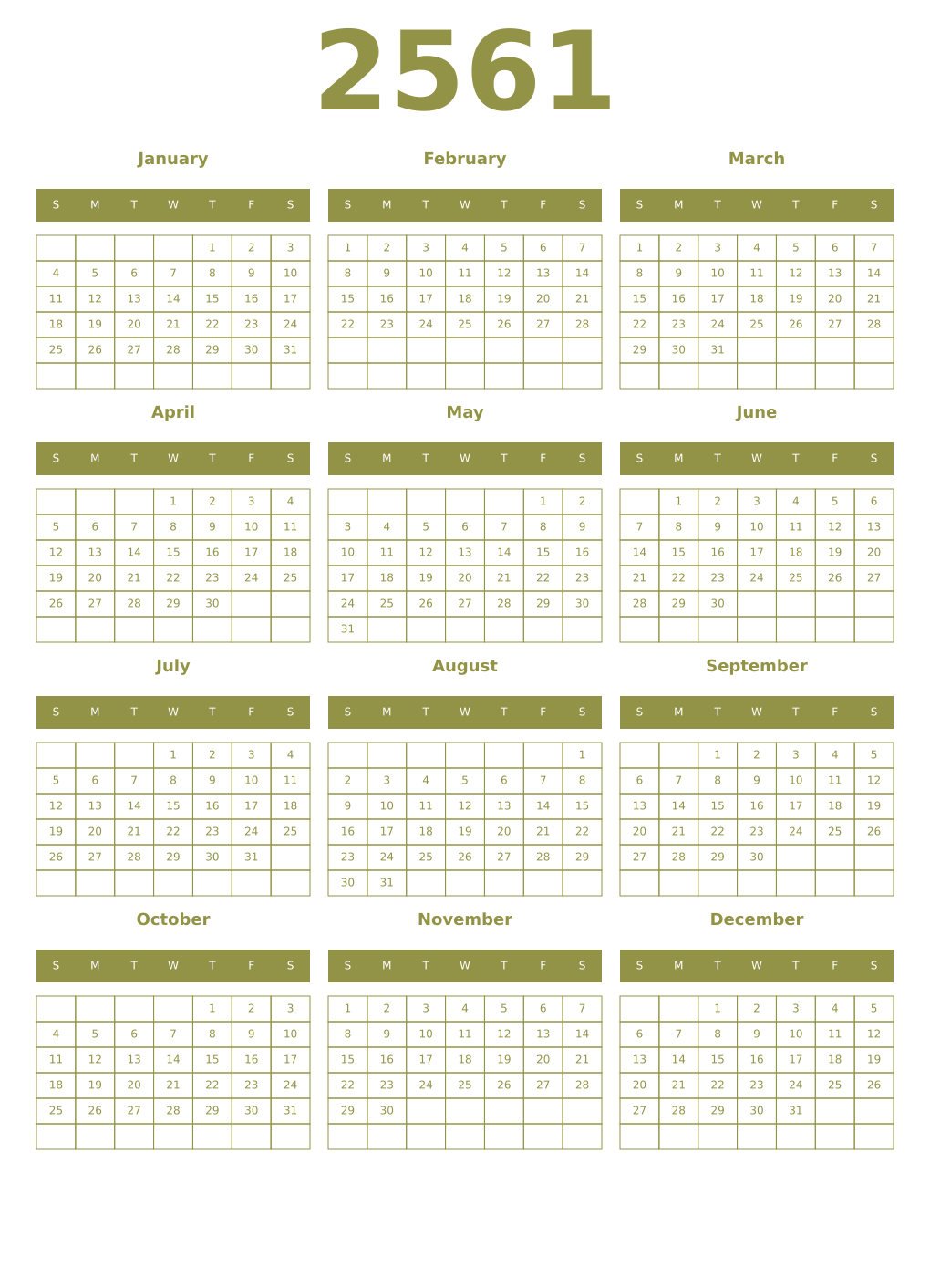 Printable 2561 Year Calendars eburnean