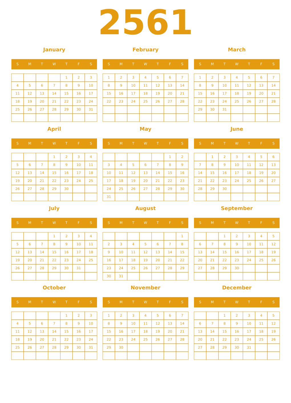 Printable 2561 Year Calendars gamboge