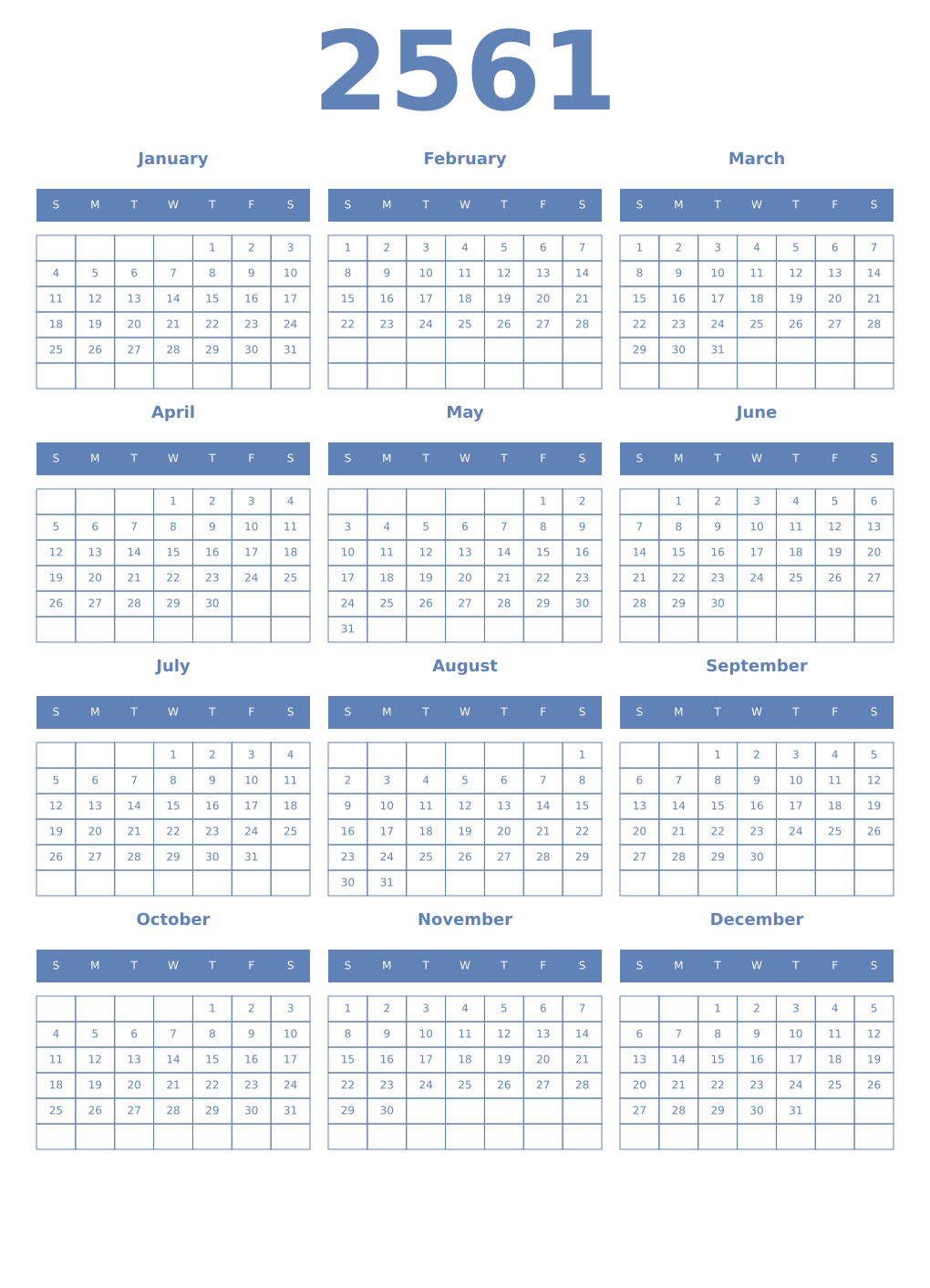 Printable 2561 Year Calendars glaucous