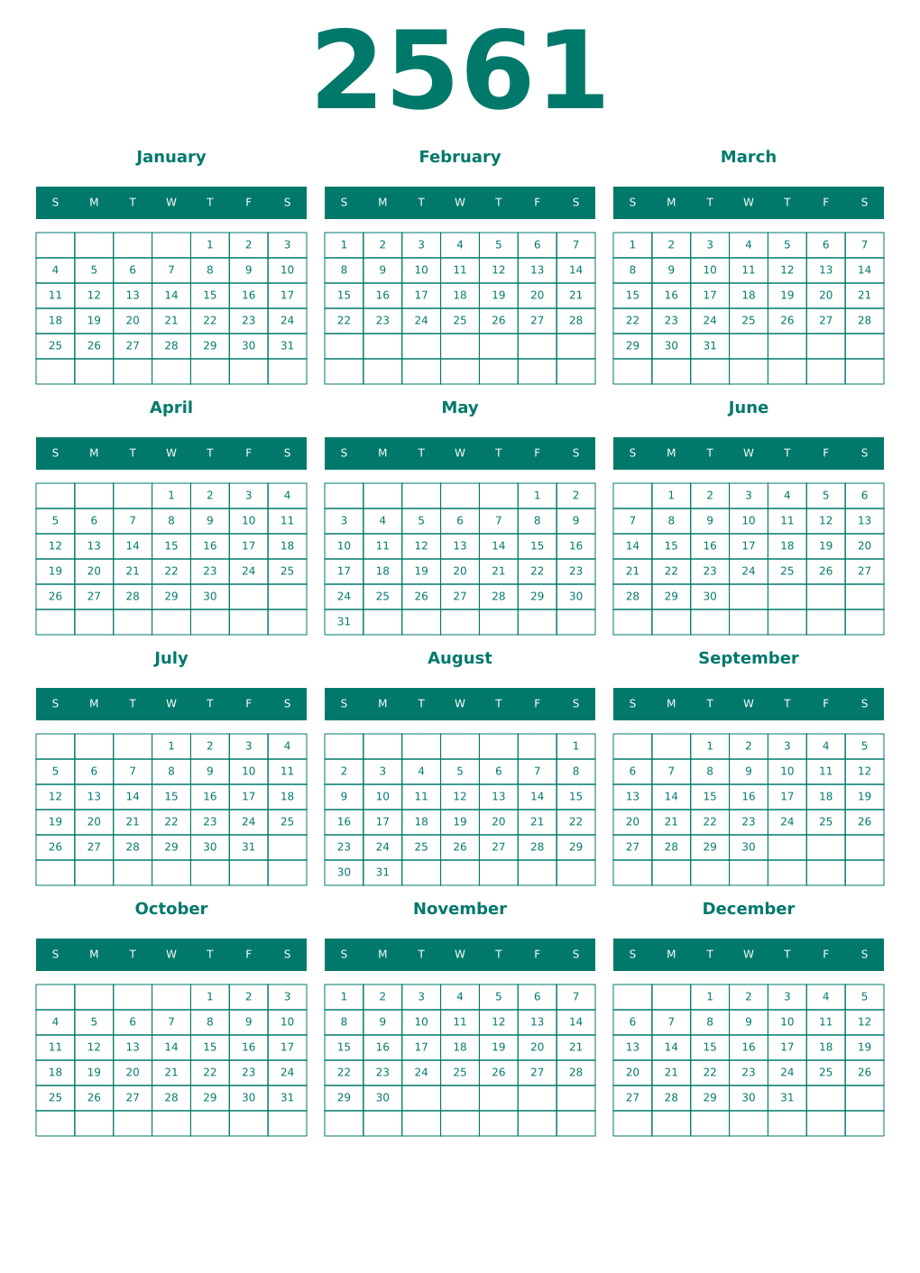 Printable 2561 Year Calendars pastel