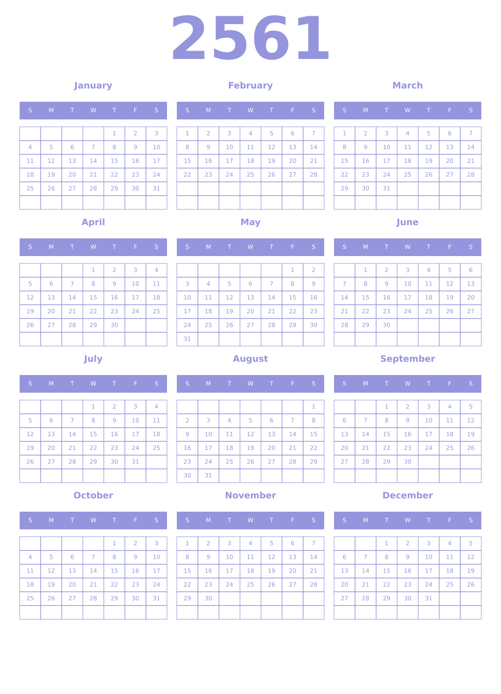 Printable 2561 Year Calendars periwinkle