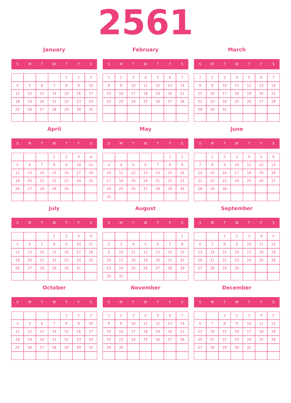 Printable 2561 Year Calendars pink